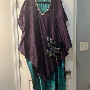 Boho Purple Poncho with Teal Kantha Bae